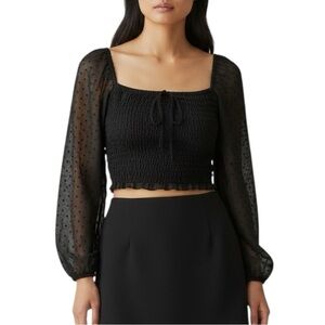 Women’s Black Smocked Cropped Top Sheer Sleeve S Romantic Whimsical Gypsy Witchy